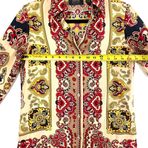 Mob Wife 100% Silk Shirt, Dana Buchman, Size 2 Petite, Gold & Red, Luxurious - Picture 7 of 13